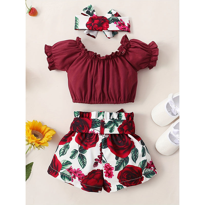 Ensemble 3 pièces pour bébé : short fleuri et bandeau