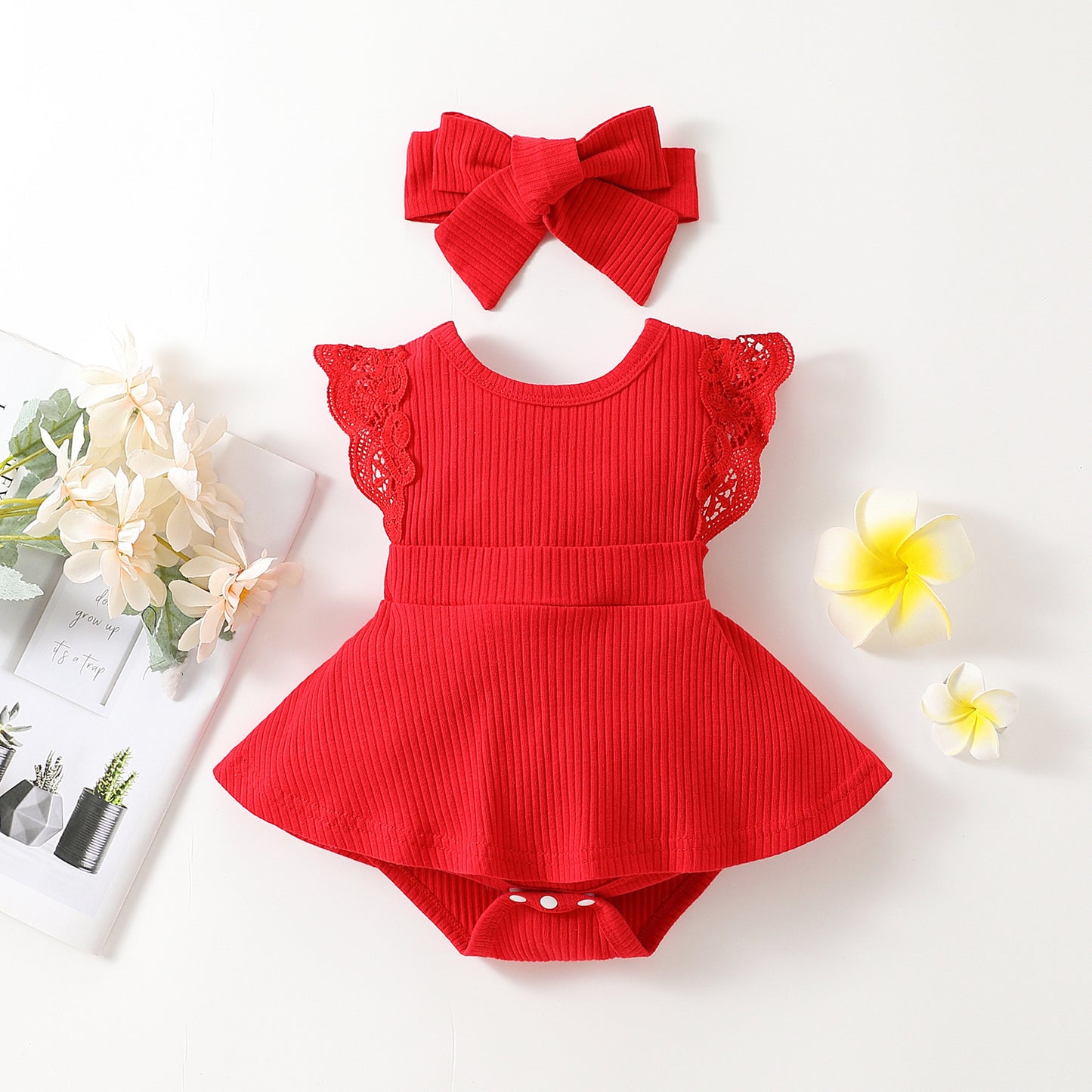 Sleeveless Floral Baby Girl Romper With Headgear