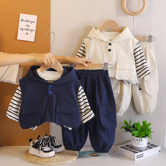 Cozy Three Piece Striped Hoodie Vest Set