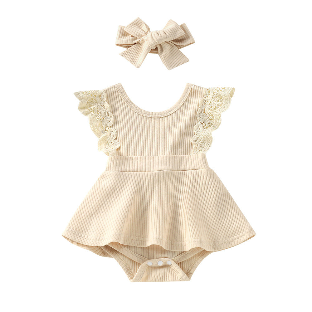 Sleeveless  Floral Baby Girl Romper With Headgear