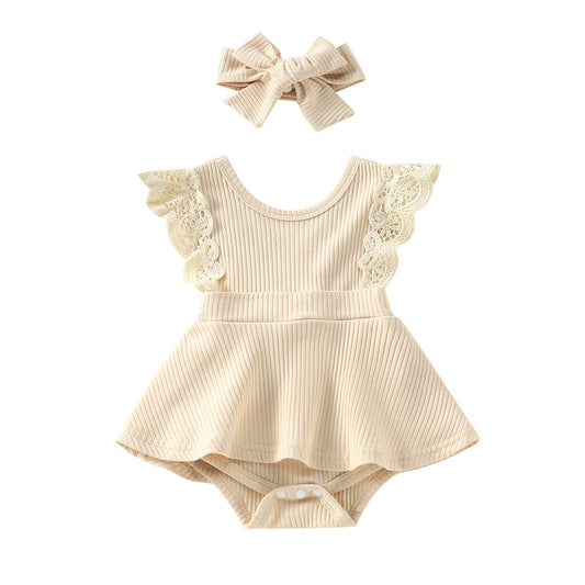 Sleeveless  Floral Baby Girl Romper With Headgear