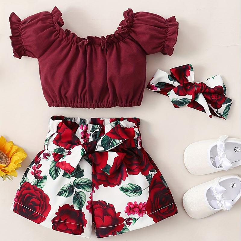3pcs Baby Floral  Shorts & Headband Clothes
