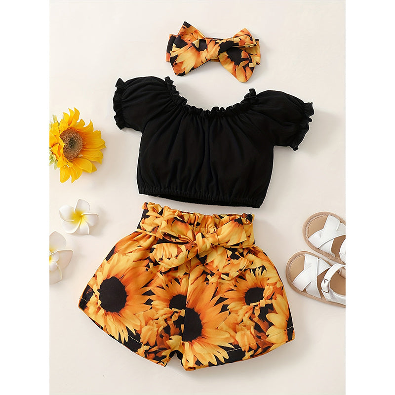 3pcs Baby Floral  Shorts & Headband Clothes